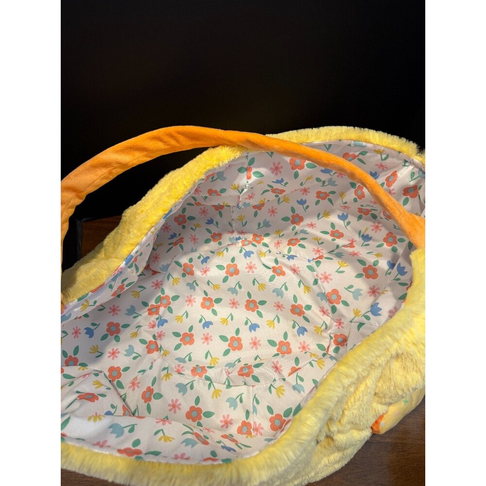 Jumbo Plush Yellow Chick Easter Basket Floral Lining Orange Handle Soft Fuzzy - Picture 6 of 9